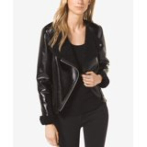 Women's Michael Kors Faux Leather Shearling Moto Jacket Black Size S - Picture 2 of 15